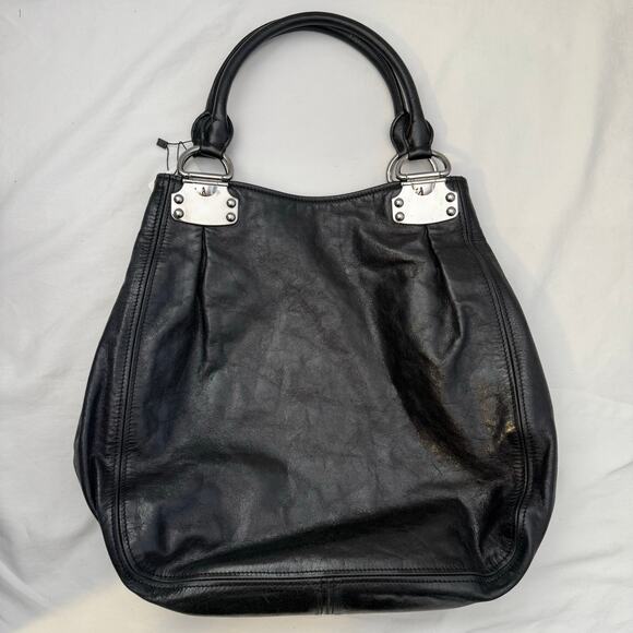 Miu Miu Designer Black Glaze Nappa Leather Silver Tone Satin Hobo Shopper Tote - Picture 2 of 13